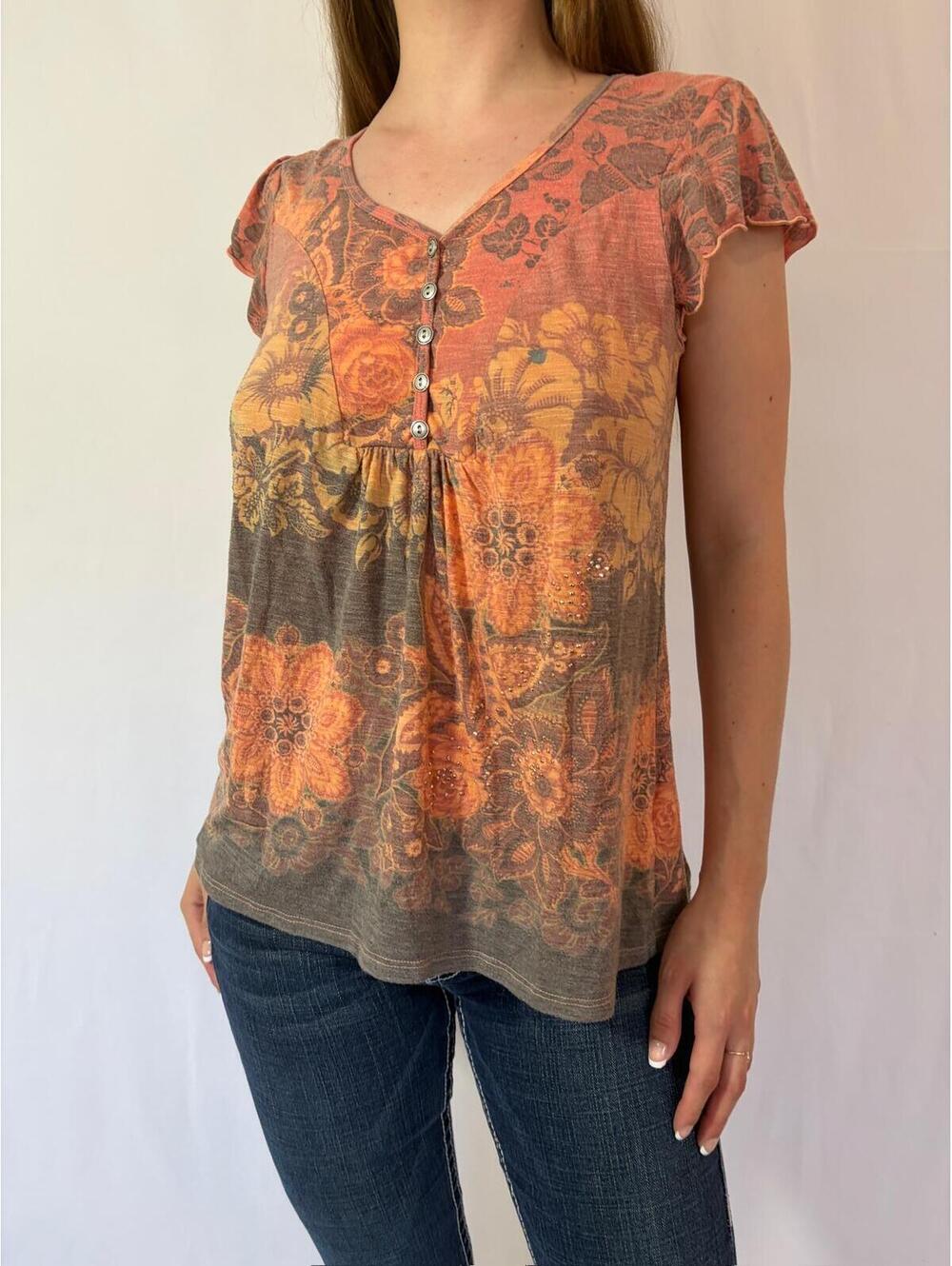 Apt 9 Y2k Casual Orange Graphic Buttoned Tee